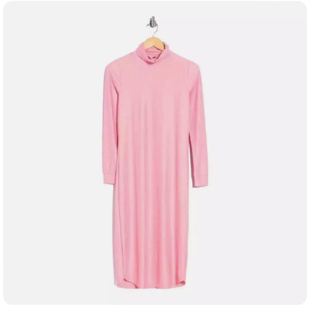 NSR Metallic Pink Ribbed‎  Turtleneck Midi Dress NWOT